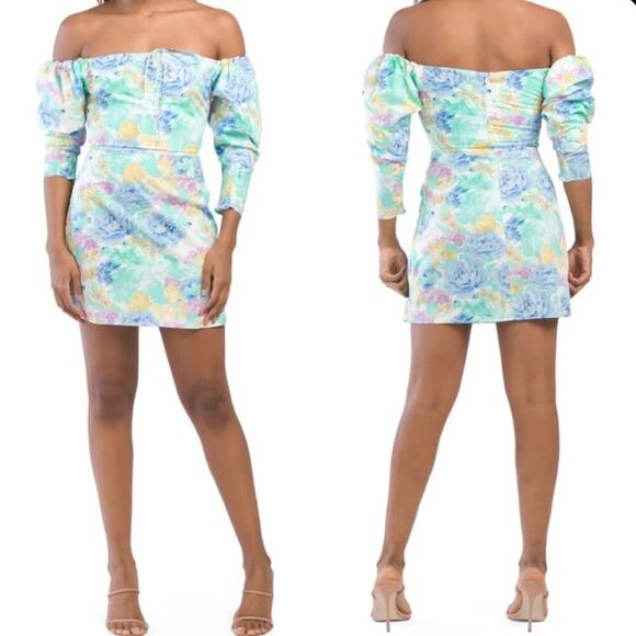 Zara Poplin Off the Shoulder Multicolor Floral‎ Watercolor Mini Dress Size M - Picture 1 of 10